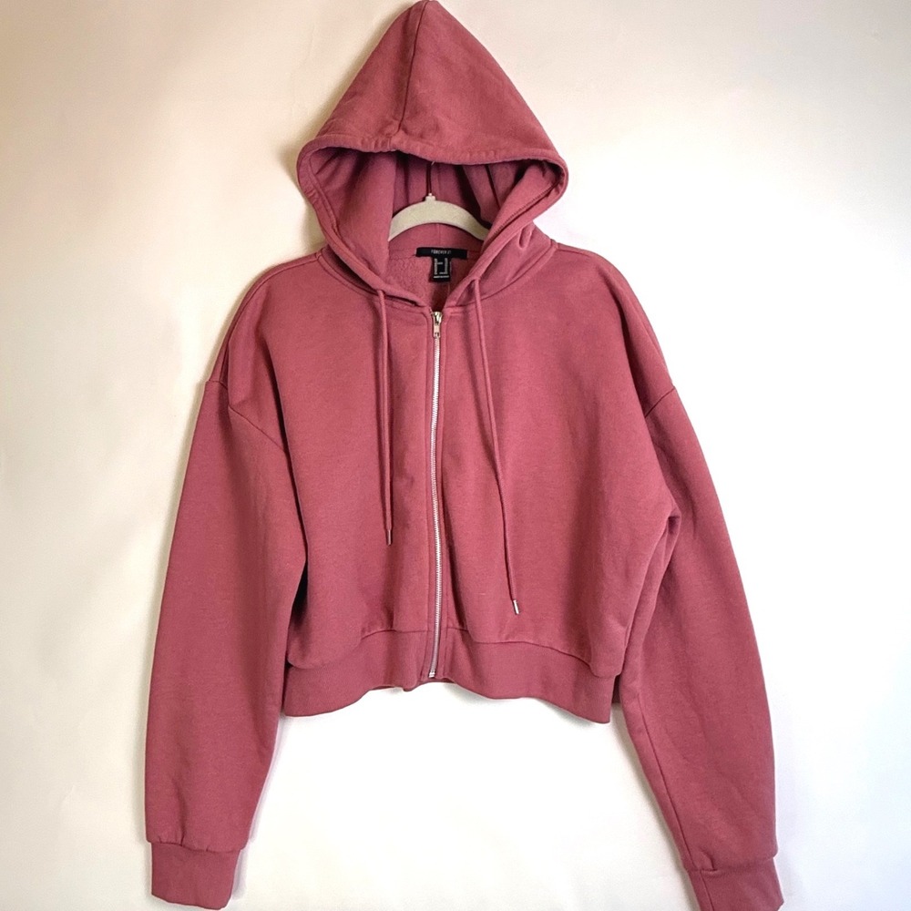 Forever 21 Womens XL Dusty Rose Pink Cropped Zip Up Hoodie‎ Fleece Lined Relaxed